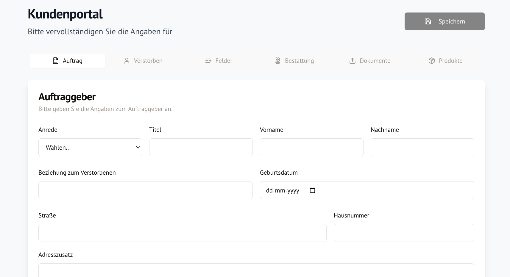 Kundenportal in BestattungONE mit Datenerfassung, Dokumentupload und Produktauswahl