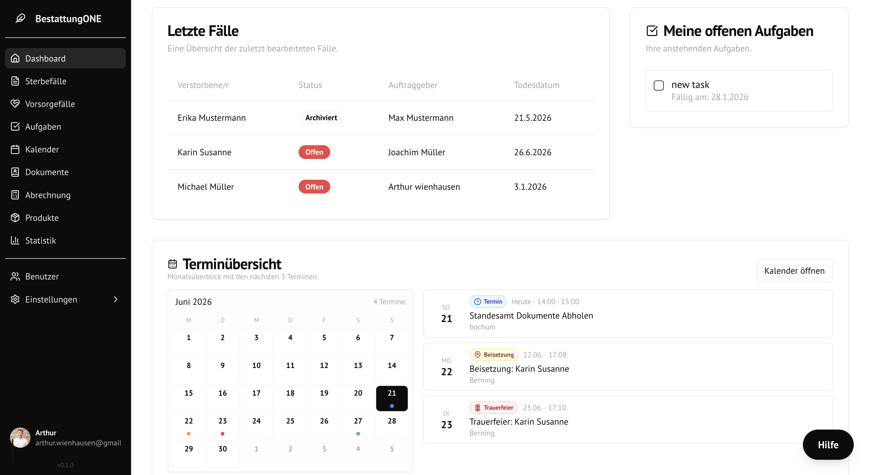Dashboard-Oberfläche von BestattungONE mit Navigation, letzten Fällen, Aufgaben und Terminen